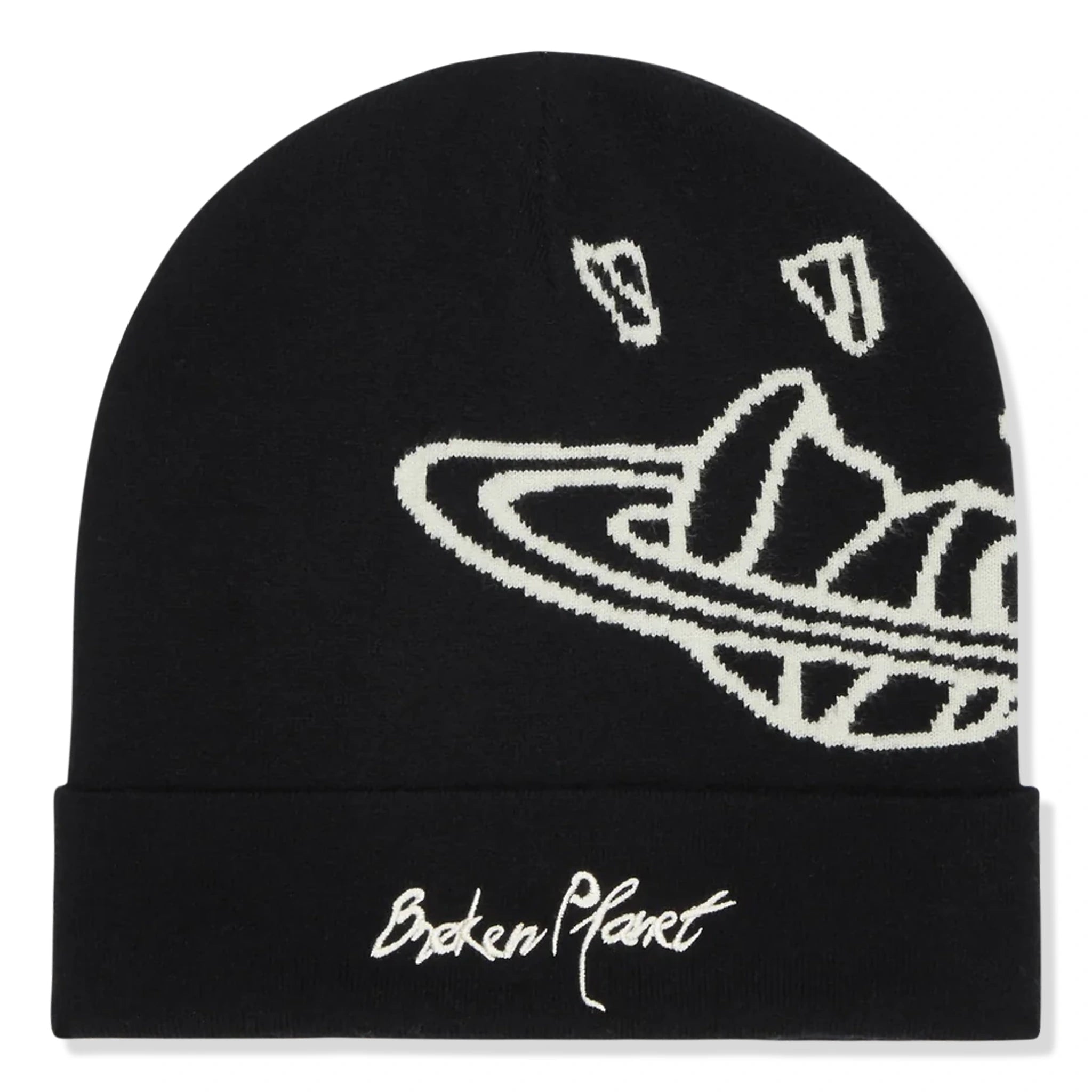 Front view of Broken Planet Midnight Black Beanie
